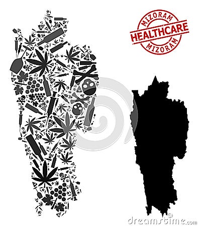 Drugs Collage Map of Mizoram State and Rubber Health Care Watermark Vector Illustration