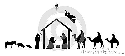 Vector Nativity Scene with Trumpeting Angel. Vector Illustration