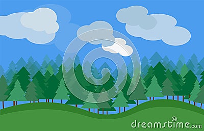 Vector nature landscape with green grass trees and clouds Vector Illustration