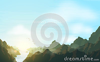 Vector nature landscape. River and mountains on blue sky background. Vector travel poster with natures hills. Vacation and summer Vector Illustration