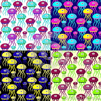 Vector nautic seamless pattern with bright multicolor jellyfish on the multicolor backgrounds. Vector Illustration