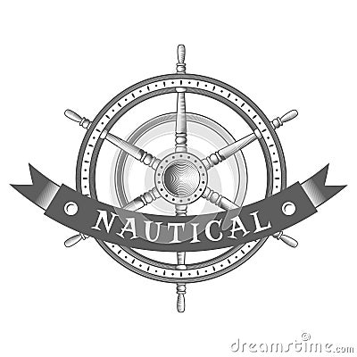 Vector nautical label. vintage rudder, icon and design element. Vector Illustration