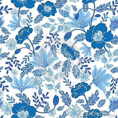 Vector navy and denim blue textured spring flowers seamless repeat pattern bacgkround design. Great for springtime Vector Illustration