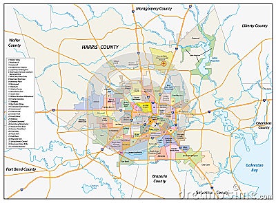 Vector neighborhood map of the Texas city of Houston, United States Vector Illustration