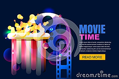 Vector neon cinema and home movie time concept. Film reel and popcorn modern illustration. Sale cinema theatre tickets. Vector Illustration