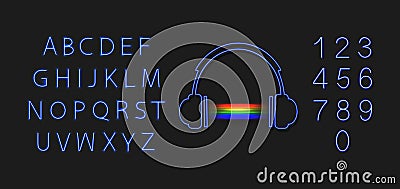 Vector Neon Headphones with Rainbow Music Abstract Sound and Glowing Blue Font, Letter and Numbers Isolated. Vector Illustration
