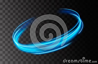 Vector neon light line circle in motion. Glowing blue ring trace. Glitter magic sparkle swirl trail effect Vector Illustration