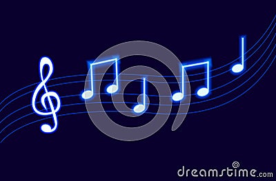 Vector Neon Melody, Blue Glowing Music Notes. Vector Illustration