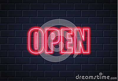 Vector neon open sign brick wall Vector Illustration