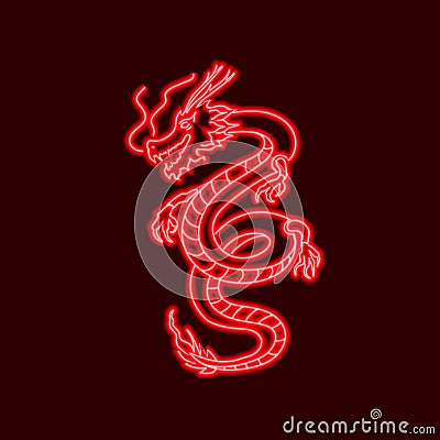 Vector Neon Oriental Dragon, Red Glowing Lines, Sign Template. Vector Illustration