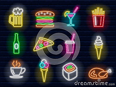 Vector neon signs food set Vector Illustration