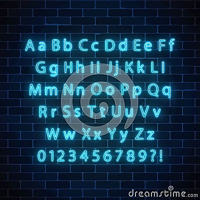 Vector neon style font. Glowing neon alphabet with uppercase and lowercase letters on dark brick wall background. Vector Illustration