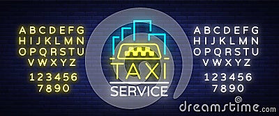 Vector Neon Taxi logo on a brick background. Silhouette badge glowing taxi. Design advertising night sign of Vector Illustration