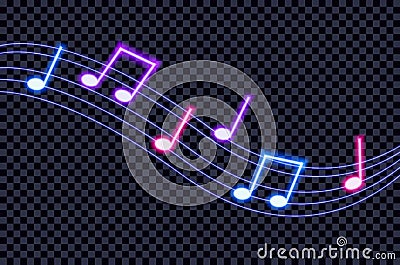 Vector Neon Ultraviolet Colorful Music Notes on Dark Background Illustration. Stock Photo