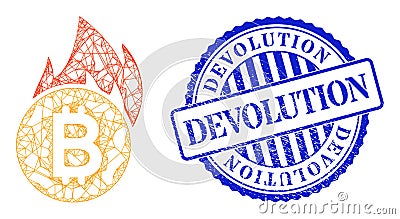 Grunge Devolution Stamp and Network Burn Bitcoin Web Mesh Vector Illustration