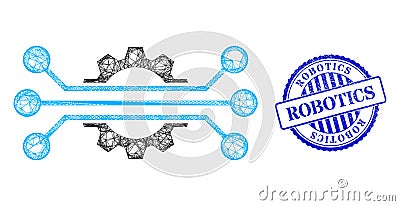 Grunge Robotics Badge and Net Hitech Industry Web Mesh Vector Illustration