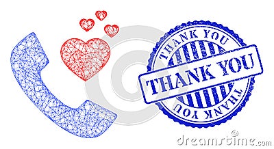 Scratched Thank You Badge and Network Romantic Phone Mesh Vector Illustration