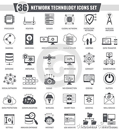 Vector Network technology black icons set. Dark grey classic icon design for web. Vector Illustration