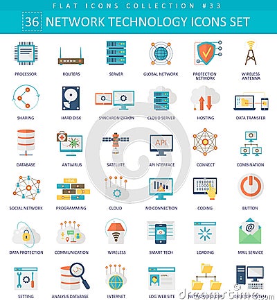 Vector Network technology color flat icon set. Elegant style design. Vector Illustration