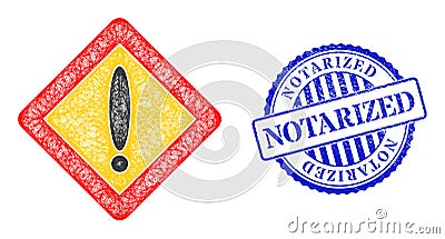 Scratched Notarized Stamp and Net Warning Rhombus Mesh Stock Photo