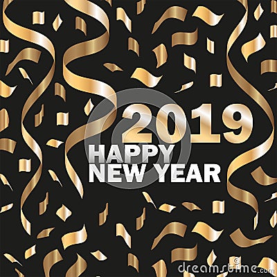 Vector 2019 New Year Black background with Gold Curling Stream. Festive design Vector Illustration