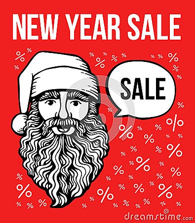 Vector new year sale poster with Santa and bubble. Vector Illustration