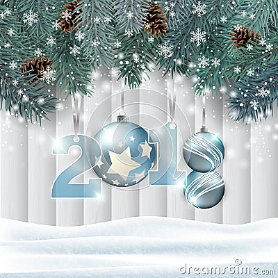 Vector New Year wooden background with hanging numbers and decorations Cartoon Illustration