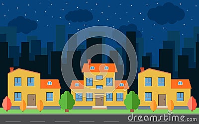 Vector night city with cartoon houses and buildings. Vector Illustration