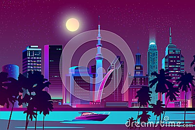 Vector night city on river, tropical megapolis Vector Illustration