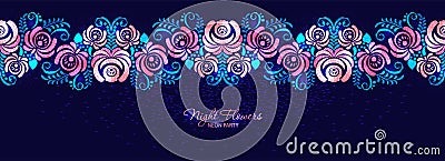 Vector night roses neon magenta floral seamless banner. Vector Illustration