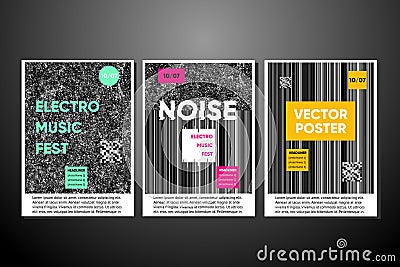 Vector noise posters set with noise background. Electro music festival invitation, glitch texture. Trendy covers Vector Illustration