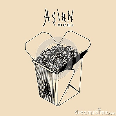 Vector noodles box illustration. Wok with Asian menu text. Chinese pasta logo. Japanese food take-out carton sketch. Vector Illustration