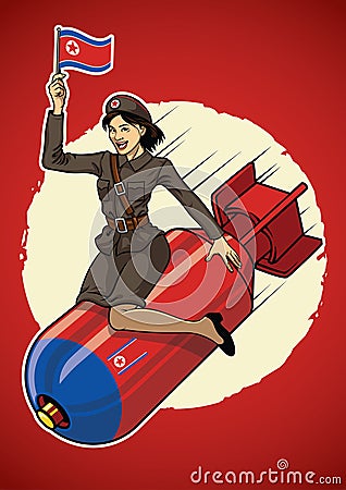 North korea pin up girl ride a nuclear bomb Vector Illustration