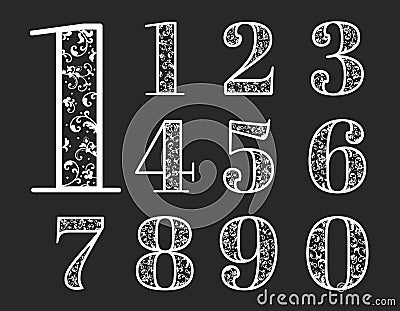 Vector numbers with elegant floral ornaments inside. Exquisite ornamental numbers in monochrome. Floral typography Vector Illustration