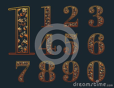 Vector numbers with elegant floral ornaments inside. Exquisite ornamental numbers in red and orange colors. Vector Illustration