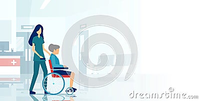 Vector of a nurse assisting an elderly woman in a wheelchair Stock Photo