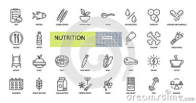 Vector nutrition icons. Editable Stroke. Nutrients in food, diet, weight loss, balance. Protein, carbohydrate, fiber, trans fat, Vector Illustration