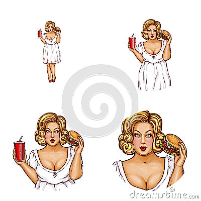 Vector obese woman avatar with hamburger, drink Vector Illustration