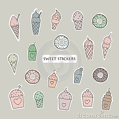 Cakes, ice cream and donuts set. Stickers design. Vector Illustration