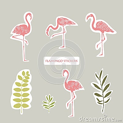 Flamingos and leaves set. Stickers design. Summer colors Stock Photo