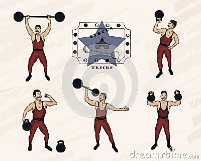 Strongmen with mustache . Retro circus performance. Color pen style drawing Stock Photo