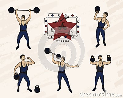 Strongmen with mustache . Retro circus performance. Color pen style drawing Stock Photo