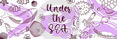 Vector ocean illustration with whale,penguin,fish,squid,seahorse,devilfish. Under the sea - modern lettering.Underwater Vector Illustration