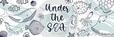 Vector ocean illustration with whale,penguin,fish,squid,seahorse,devilfish. Under the sea - modern lettering.Underwater Vector Illustration