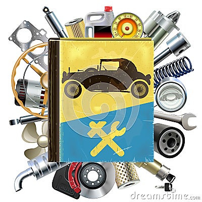 Vector Old Automobile Repair Book with Car Spares Vector Illustration