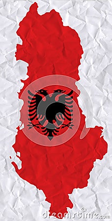 Vector old crumpled paper with watercolor painting of Albania flag and map Stock Photo