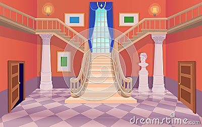 Vector old hall room with stairs, doors and a window. Cartoon illustration Cartoon Illustration