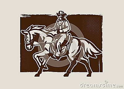 Old Press Style Illustration of Cowboy Sheriff Riding the Horse Vector Illustration