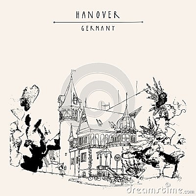 Vector old town of Hanover, Germany, Europe postcard. Beautiful historical Art Nouveau building in a park. Freehand drawing. Cartoon Illustration