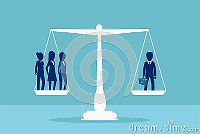 Vector of one businessman balancing three businesswomen on a scale. Sex inequality symbol Stock Photo